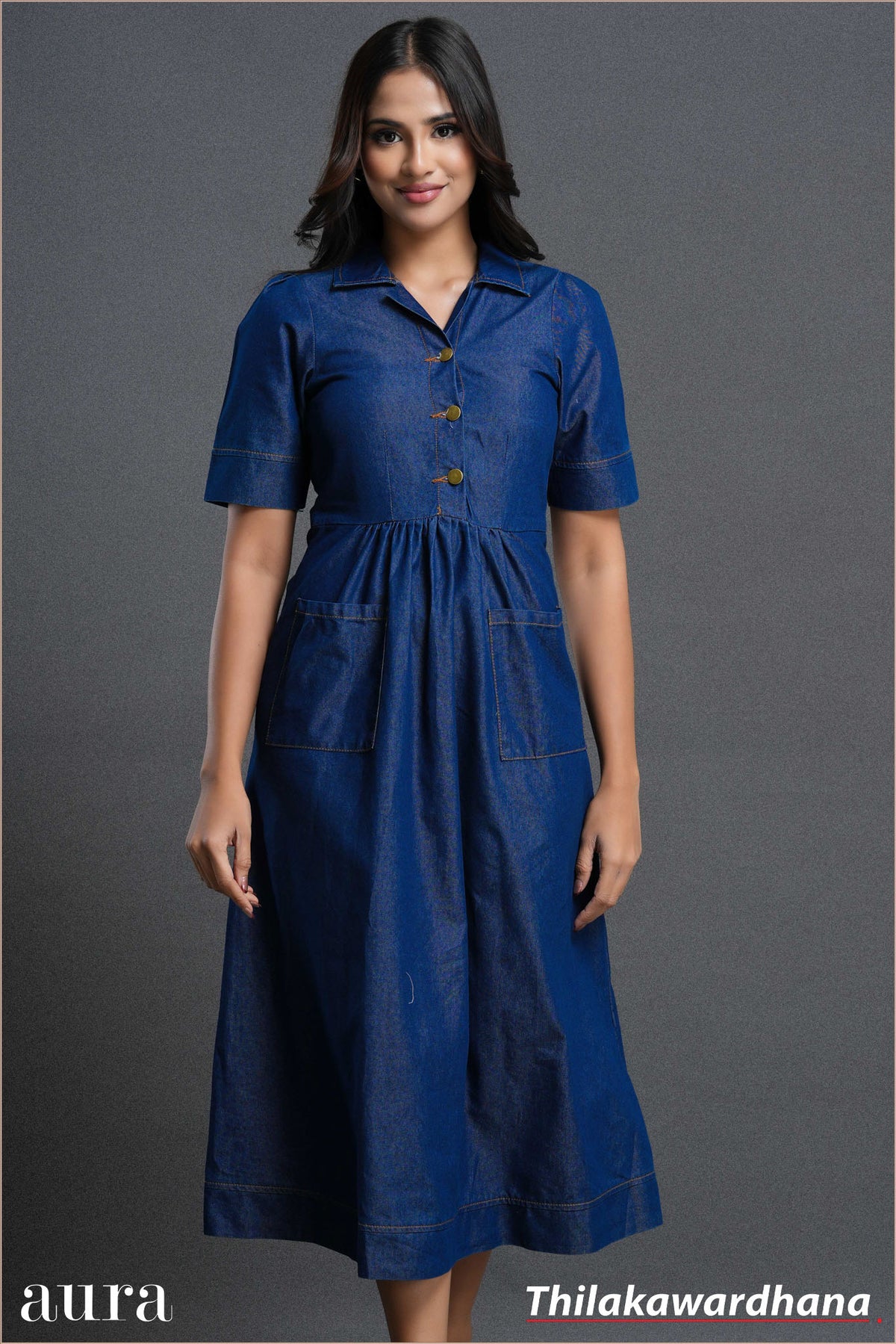 Aura Dark Sky Buttoned Midi Denim Dress