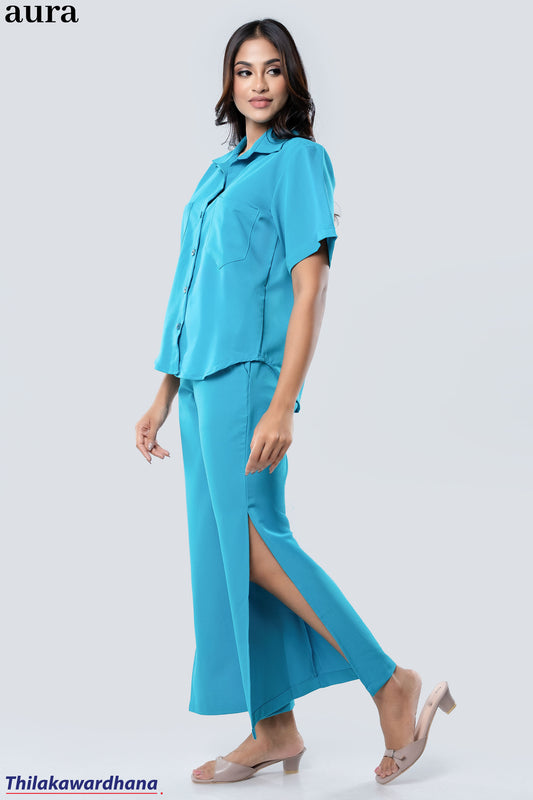 Aura Teal Breeze Wide-Leg Co-Ord Set