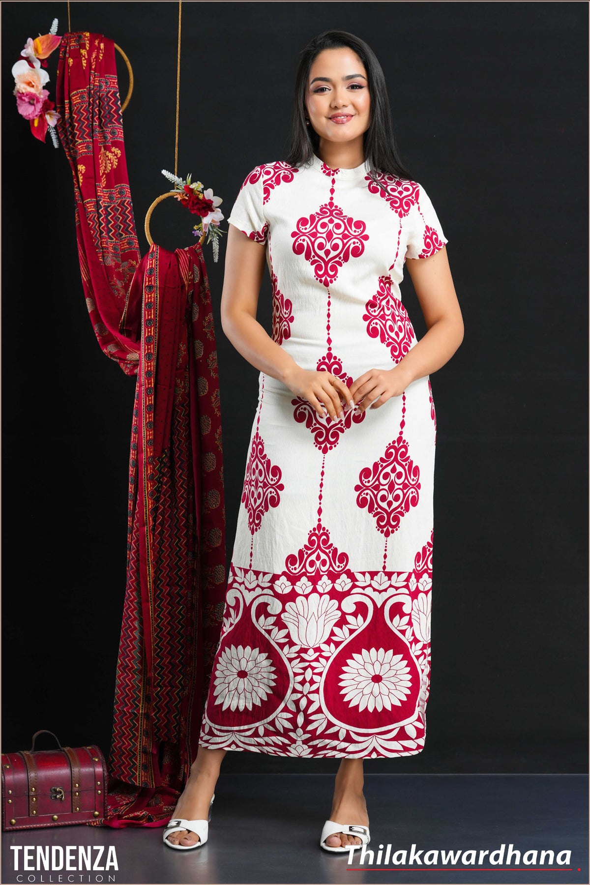 Tendenza Short Sleeve Printed Long Dress