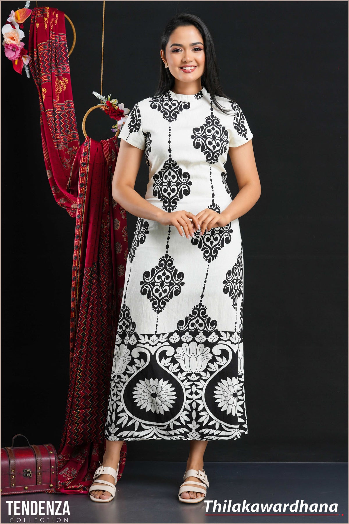 Tendenza Short Sleeve Printed Long Dress