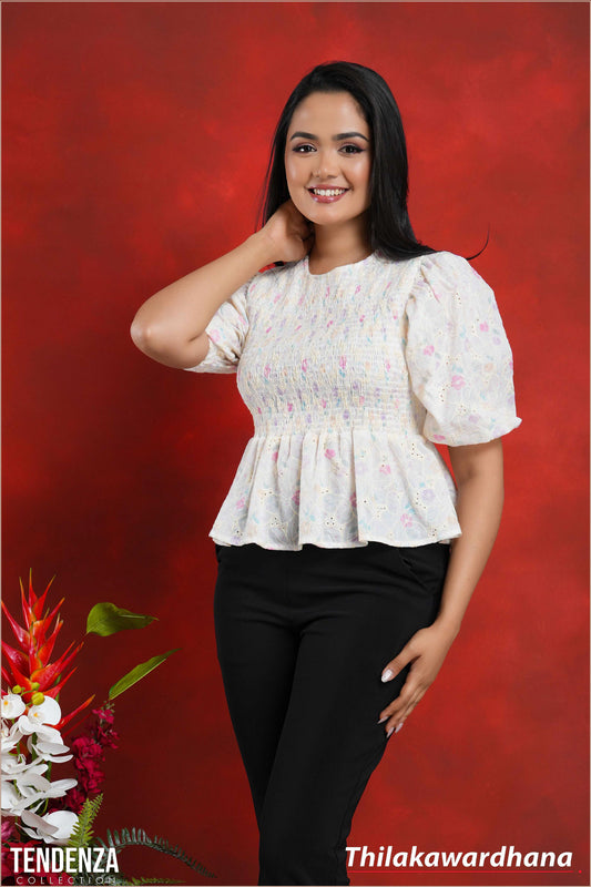 Tendenza Puff Sleeve Smocked Cutloan Top