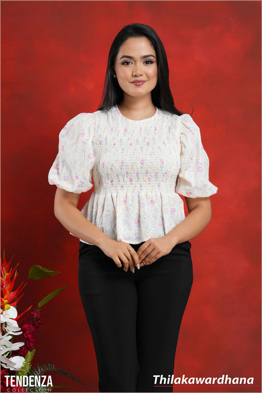 Tendenza Puff Sleeve Smocked Cutloan Top