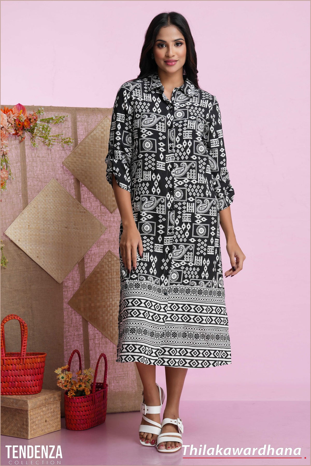 Tendenza Printed Three Quarter Sleeve Dress
