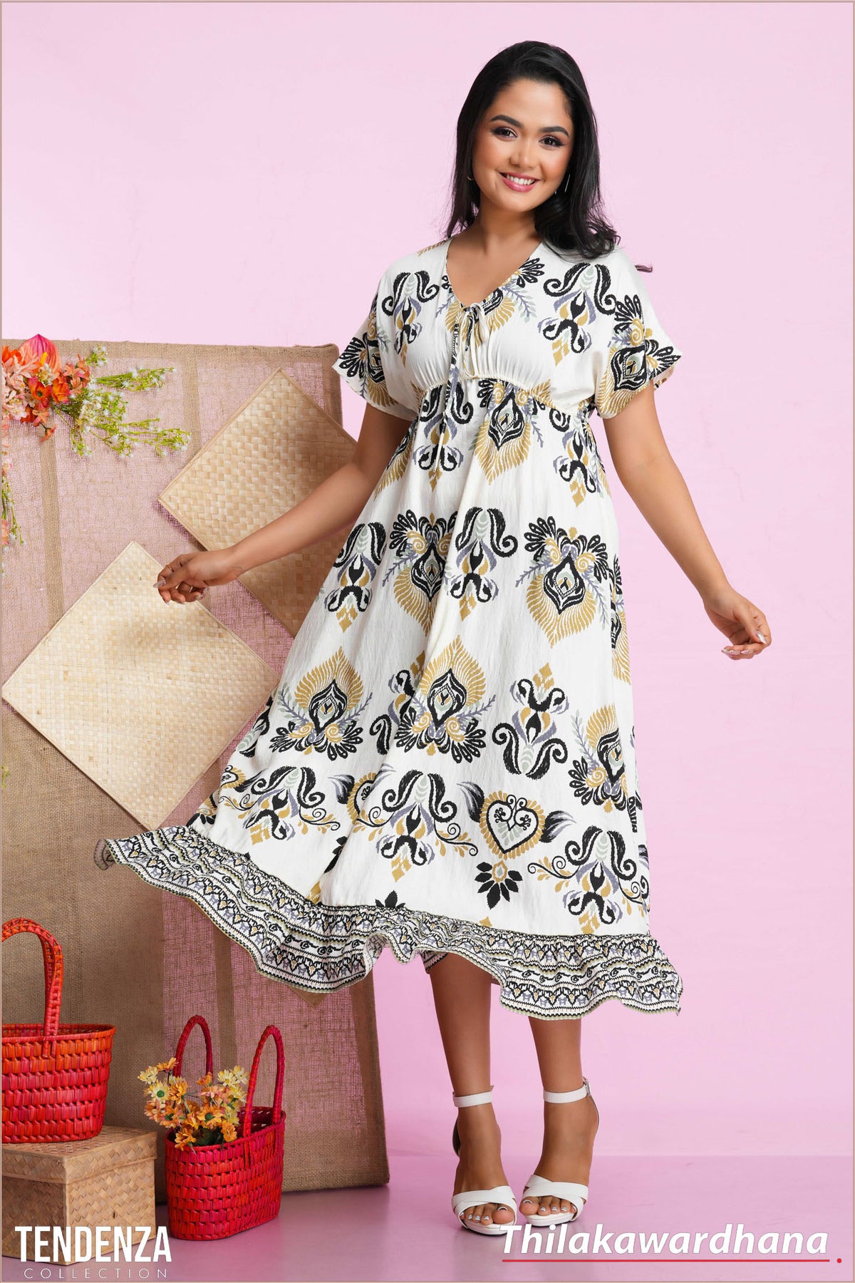 Tendenza Embroidary Printed Midi Dress