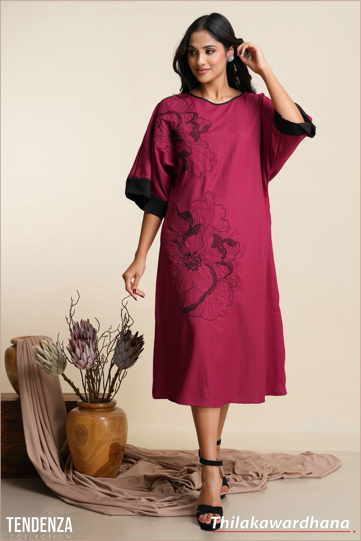 Tendenza Embroidary Kaftan Linen Dress