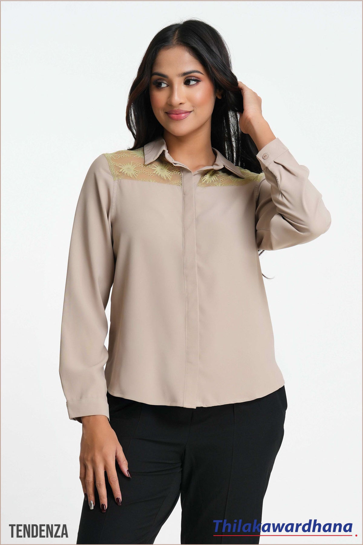 Tendenza Lace Insert Long Sleeve Top