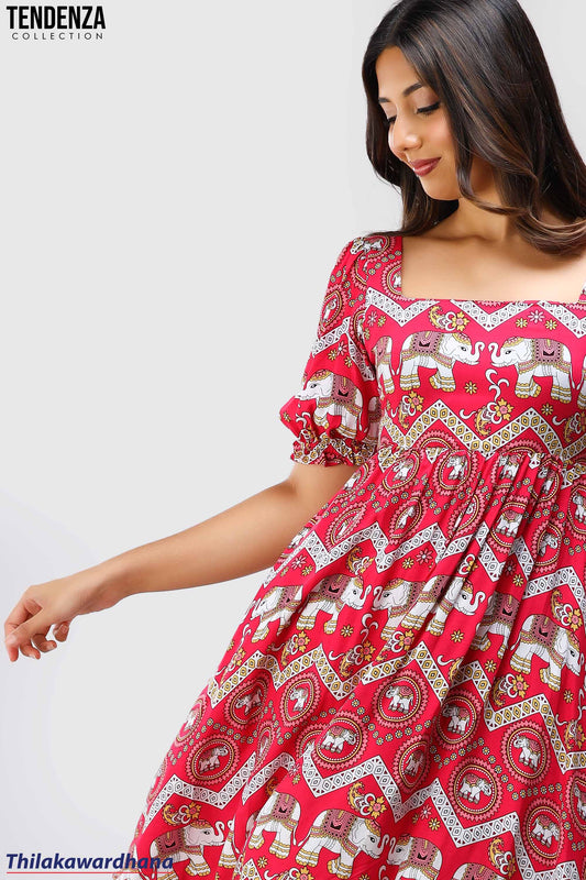 Tendenza Boho Elephant Print Puff Sleeve Dress