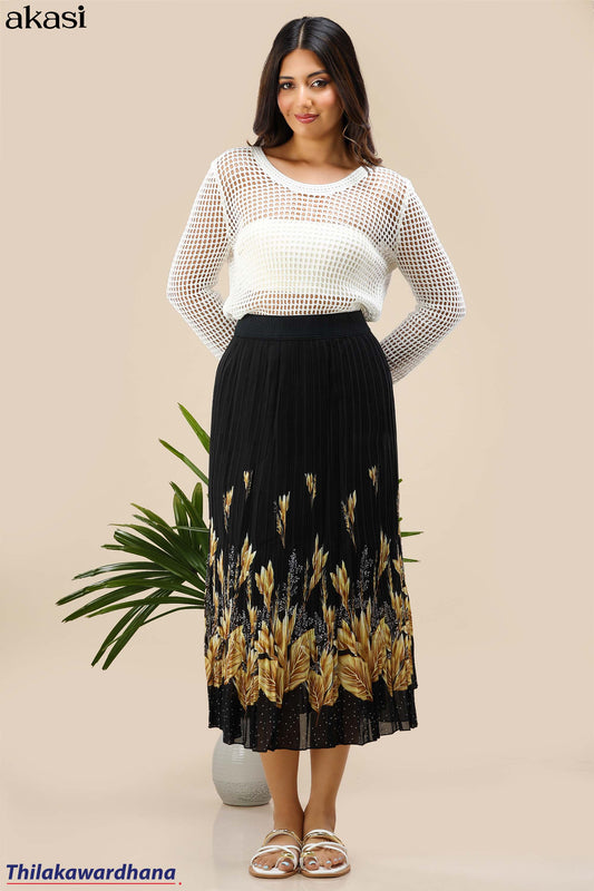 Golden Leaf Pleated Skirt - Free Size