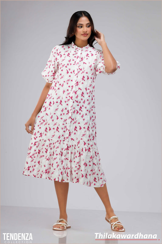 Tendenza Puff Sleeve Frilled Hem Midi Dress