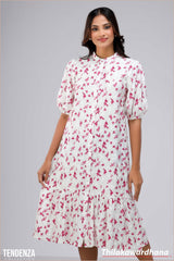 Tendenza Puff Sleeve Frilled Hem Midi Dress