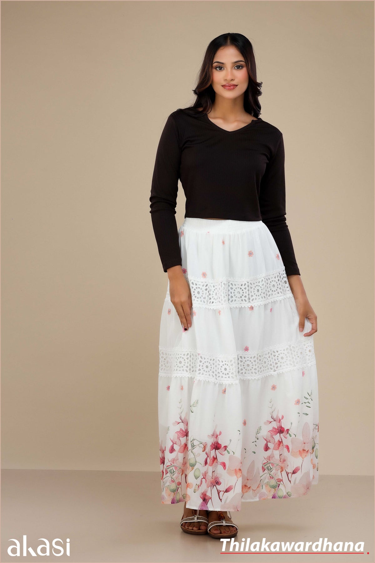 Floral printed Lace Detailed Skirt - Free Size