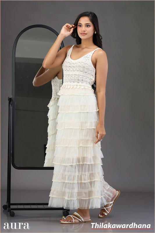 White Blossom Tier Maxi Dress - Free Size