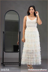 White Blossom Tier Maxi Dress - Free Size