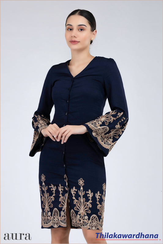 Aura Floral Embroidered Flare Sleeve Dress