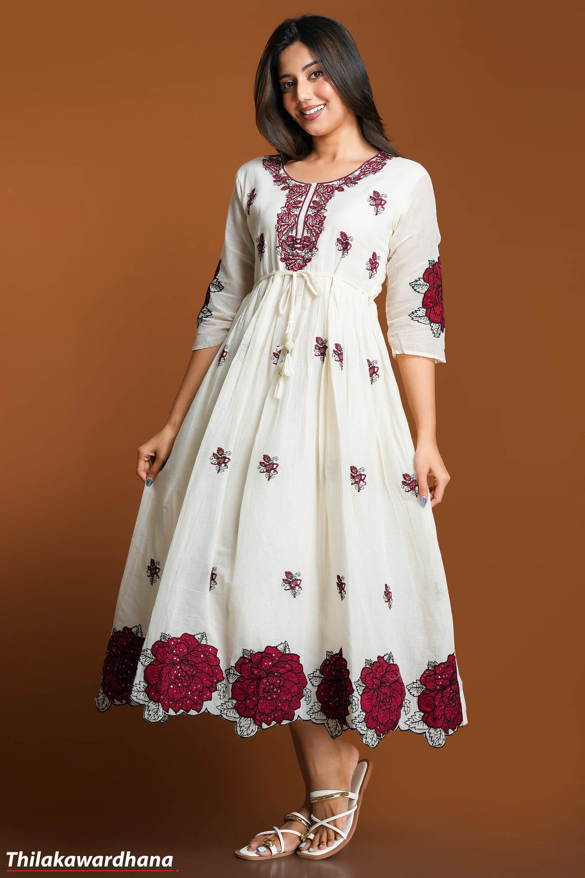 Rosé Bloom Midi Embroidered Dress
