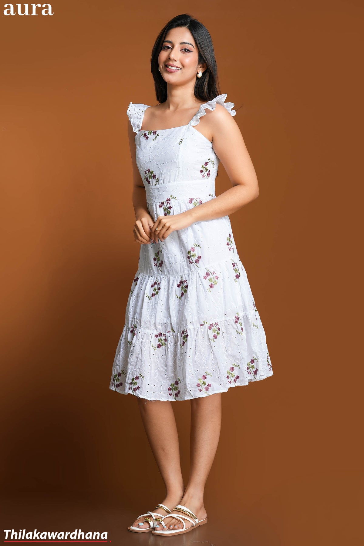 Aura White Blossom Embroidered Cutlone Dress