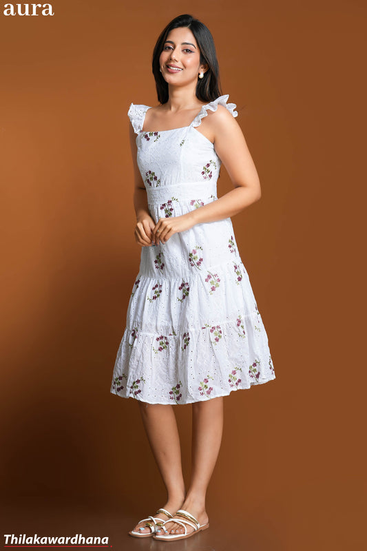 Aura White Blossom Embroidered Cutlone Dress