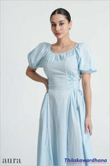 Aura Celeste Puff Sleeve Midi Dress