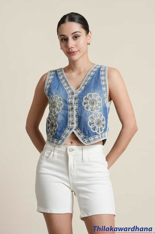 V Neck Embroidered Denim Top -  Free Size