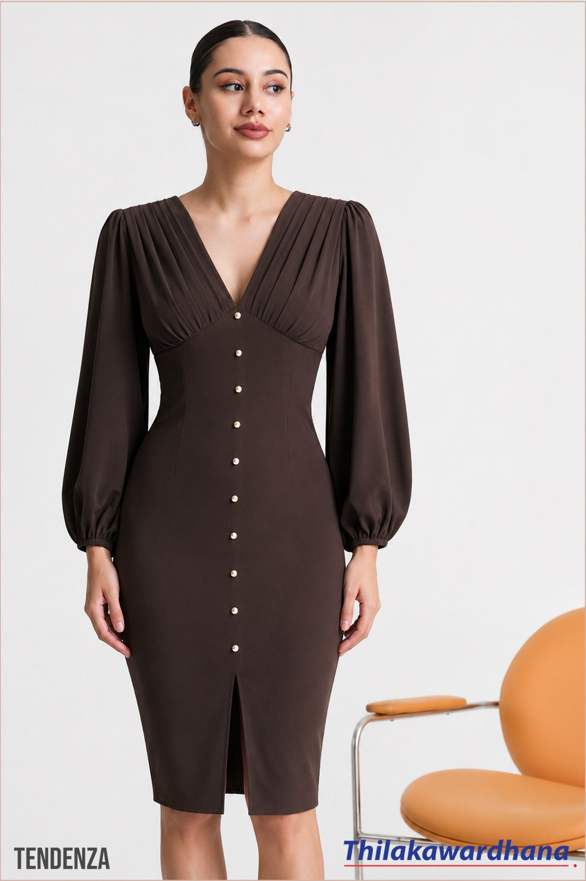 Tendenza Balloon Sleeve Slit Hem Midi Dress