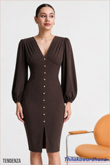 Tendenza Balloon Sleeve Slit Hem Midi Dress