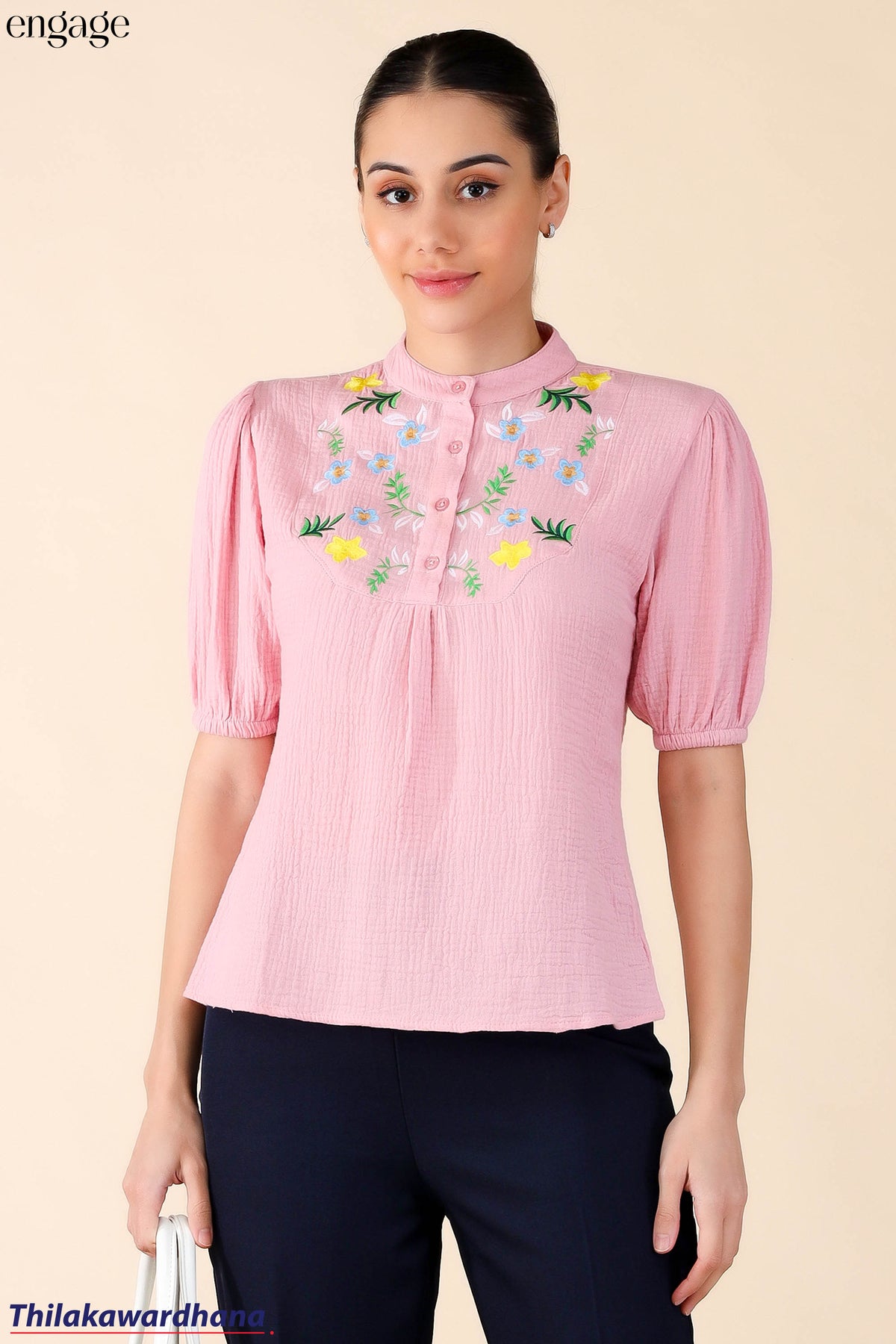 Engage Short Sleeve Embroidered Comfy Blouse