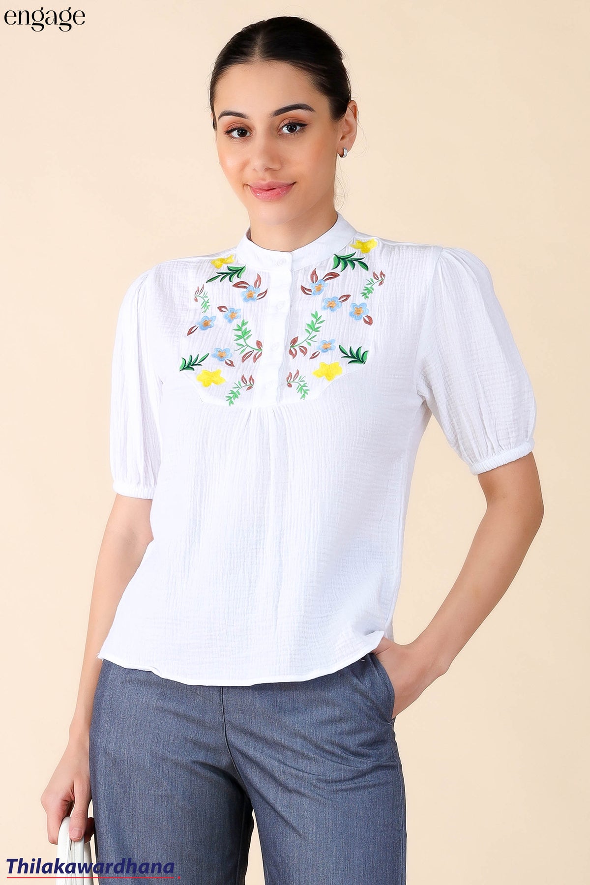 Engage Short Sleeve Embroidered Comfy Blouse