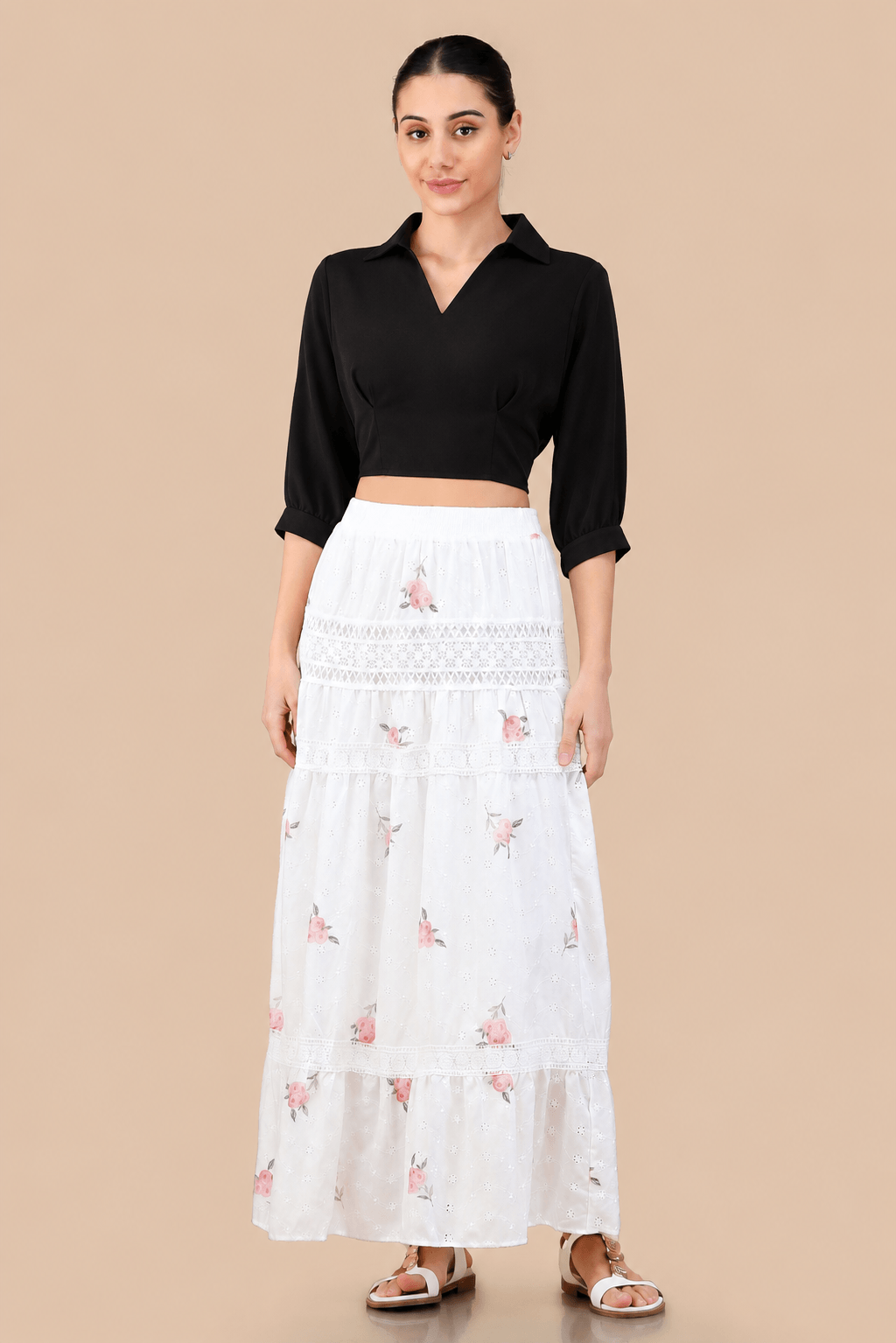 Floral Printed Lace Detailed Skirt