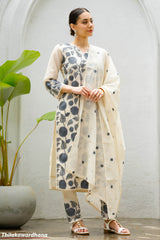 Ivory Blossom Embroidered Cotton 3 Piece Suit Set