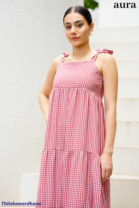 Aura Gingham Tie-Shoulder Tiered Maxi Dress