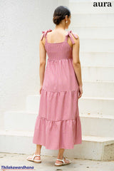 Aura Gingham Tie-Shoulder Tiered Maxi Dress