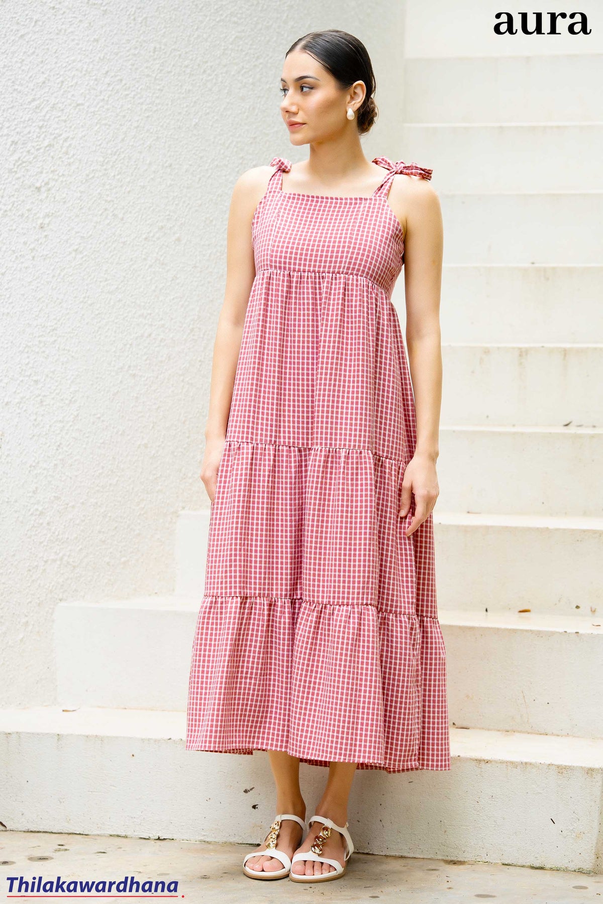 Aura Gingham Tie-Shoulder Tiered Maxi Dress