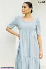Aura Gingham Puff Sleeve Tiered Midi Dress