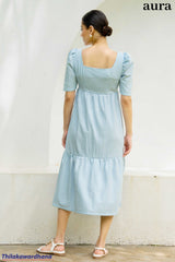 Aura Gingham Puff Sleeve Tiered Midi Dress