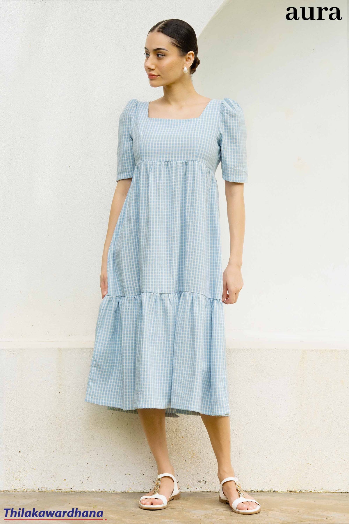 Aura Gingham Puff Sleeve Tiered Midi Dress