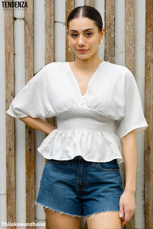 Tendenza V Neck Smocked Peplum Top