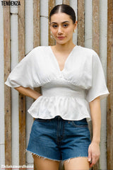 Tendenza V Neck Smocked Peplum Top