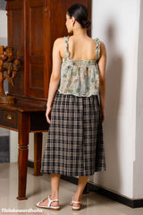 Classic Plaid Button Front Skirt With Belt - Free Size