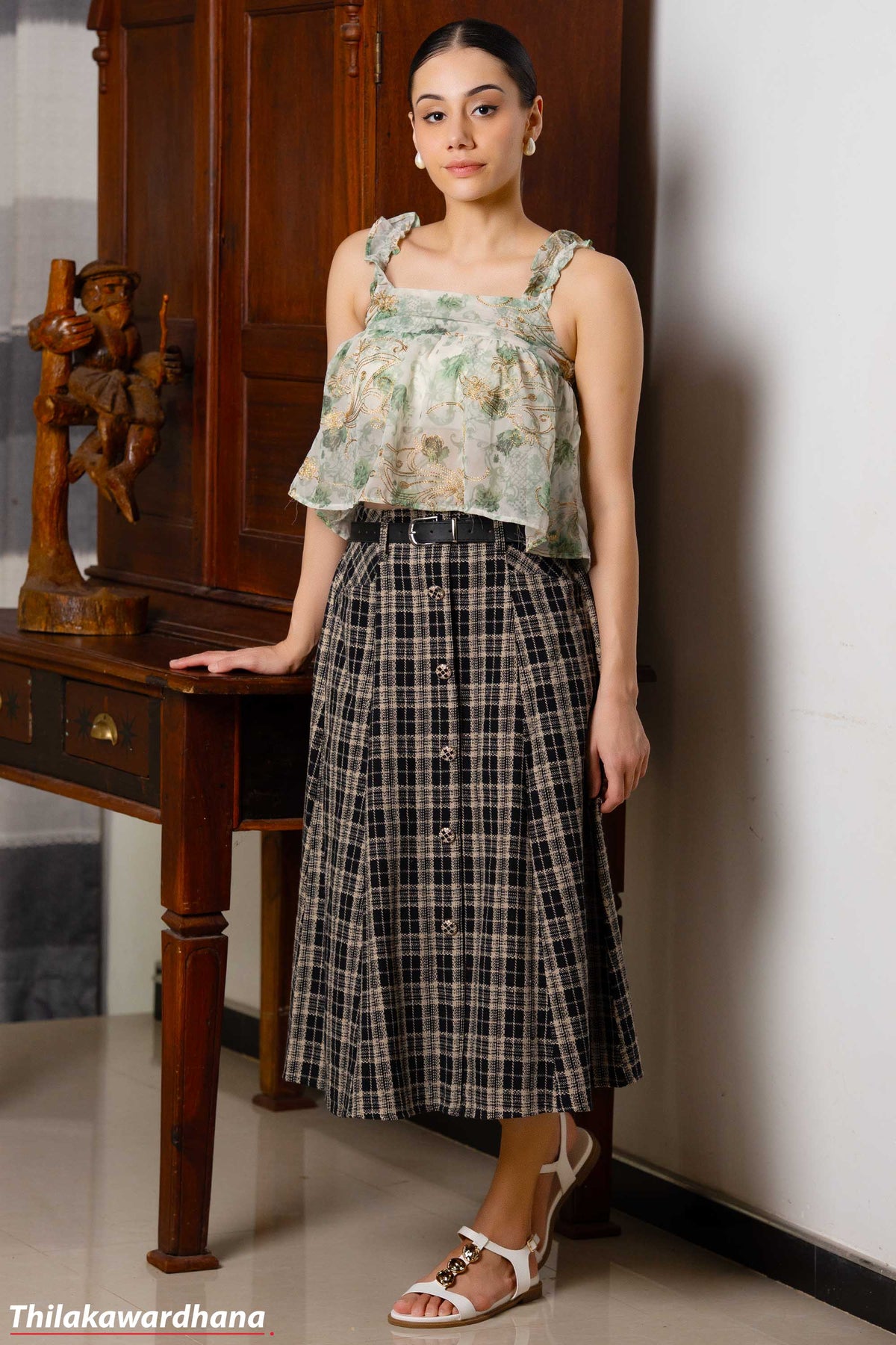 Classic Plaid Button Front Skirt With Belt - Free Size