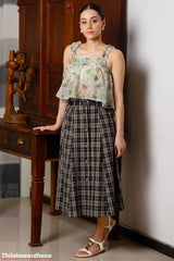 Classic Plaid Button Front Skirt With Belt - Free Size