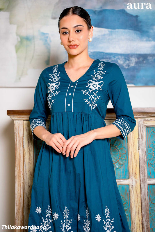 Aura Floral Embroidered Gathered Midi Dress