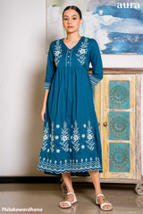 Aura Floral Embroidered Gathered Midi Dress