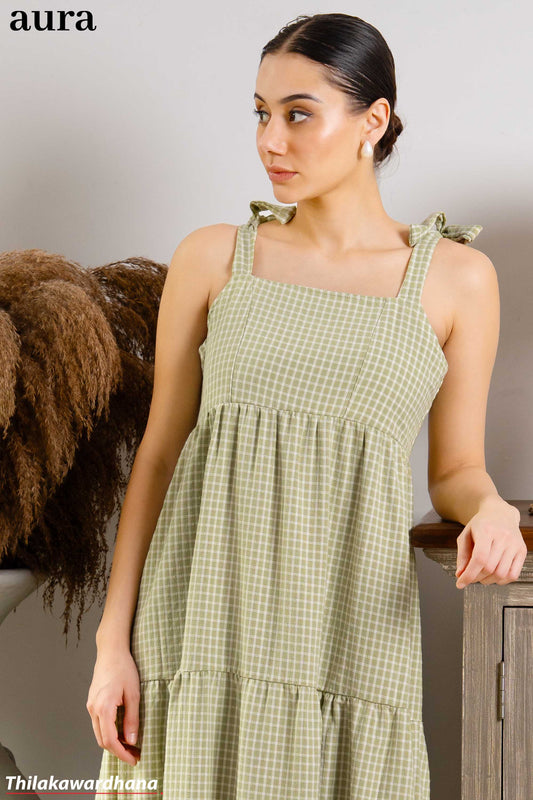 Aura Gingham Tie-Shoulder Tiered Maxi Dress