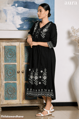 Aura Floral Embroidered Gathered Midi Dress