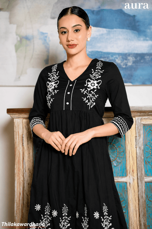 Aura Floral Embroidered Gathered Midi Dress