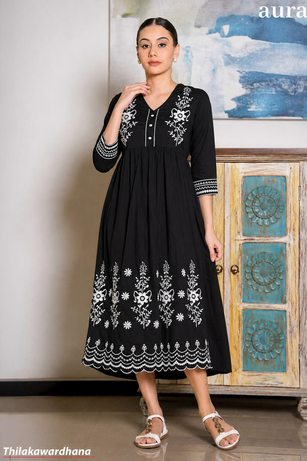 Aura Floral Embroidered Gathered Midi Dress
