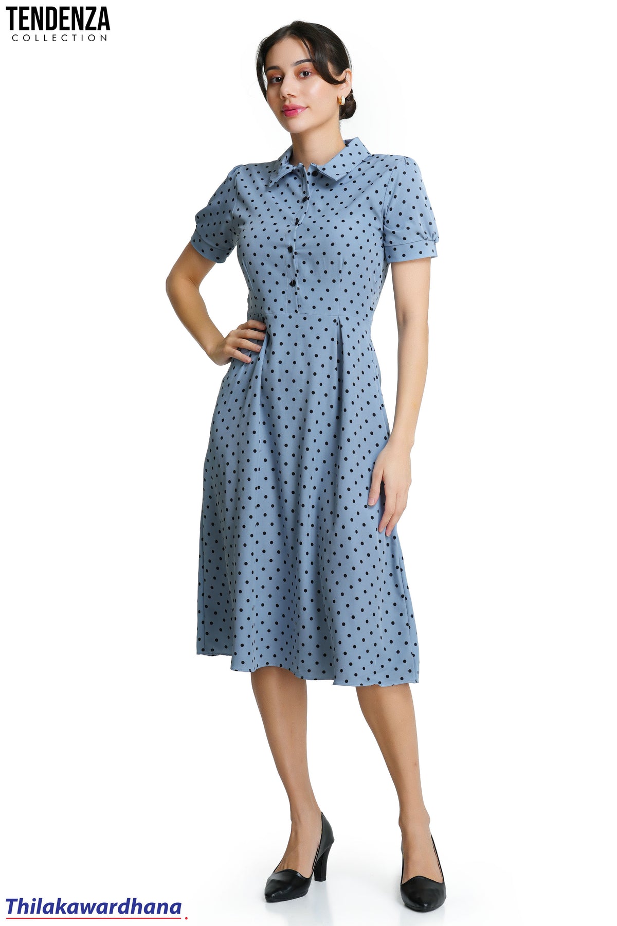 Tendenza Bubble Sleeve Polka Dotted Dress
