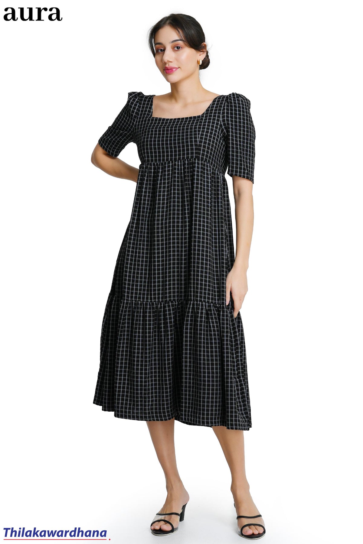 Aura Gingham Tiered Midi Dress