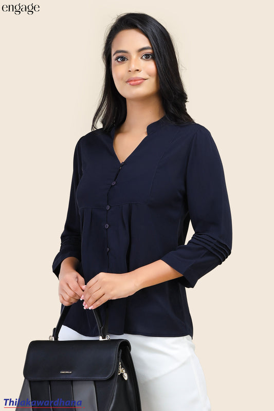 Engage Pleated Sleeve Button Front Top