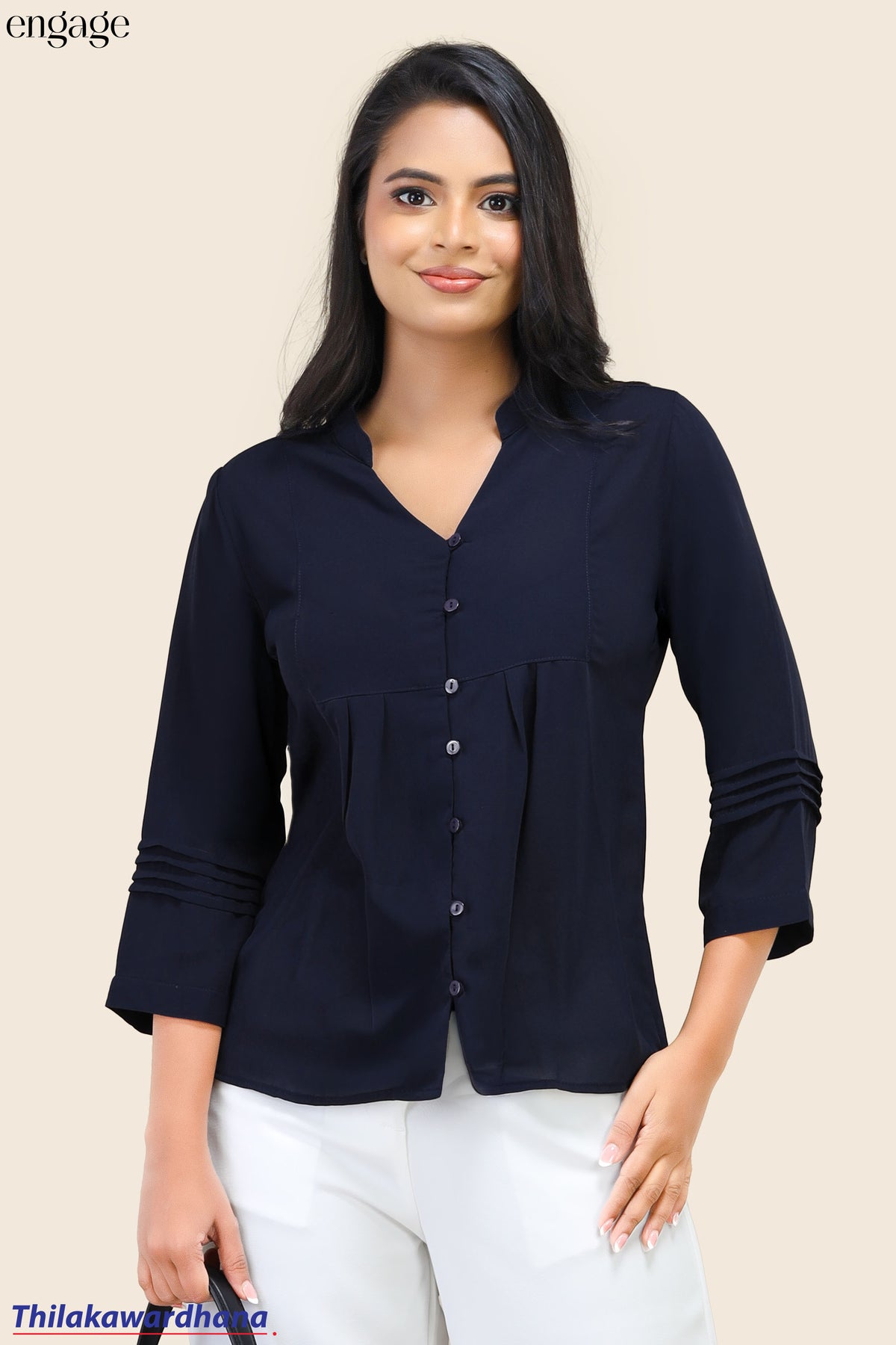 Engage Pleated Sleeve Button Front Top